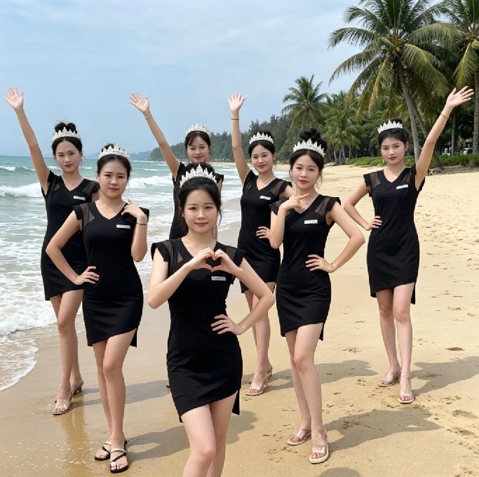 礼仪执行现场实拍 海滩商务礼仪团队黑色礼服七人合影